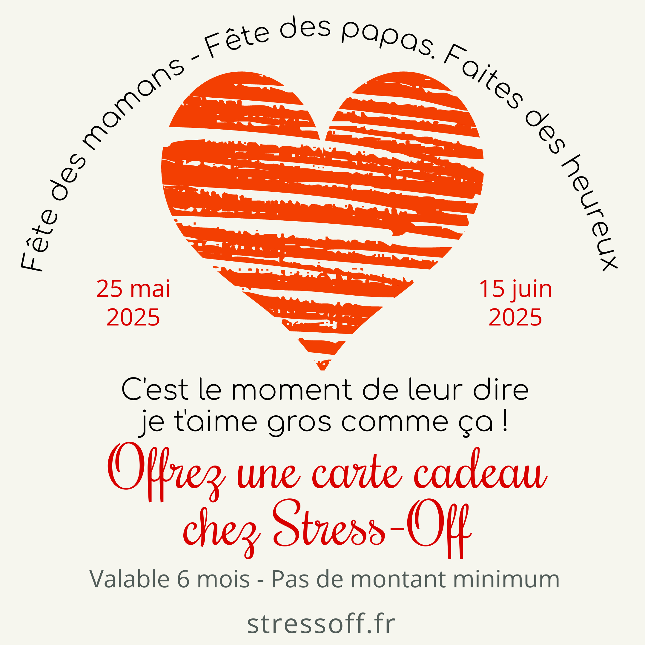 Fête de mères et fête des Pères 2025, offrez une carte-cadeau de chez Stress Off, massages et soins esthétiques à St Médard en Jalles