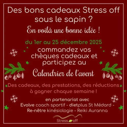 Offre Noël 2025 chez Stress off. Offrez des cartes cadeau et participez au calendrier de l'avent